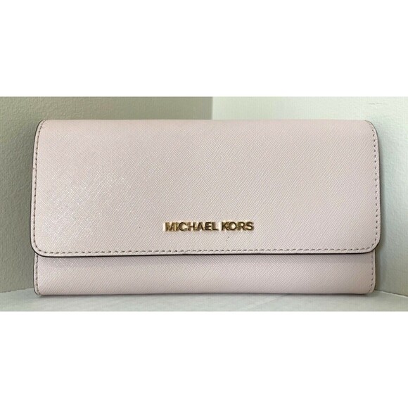 New Michael Kors Jet Set Travel Large Trifold Wallet Leather Powder Blush - Picture 1 of 4